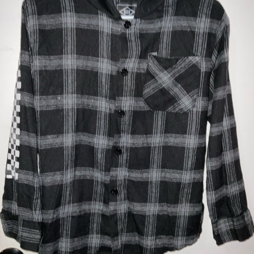 ROK Boys Black and Gray Plaid flannel hooded Shirt size 14/16 (L)